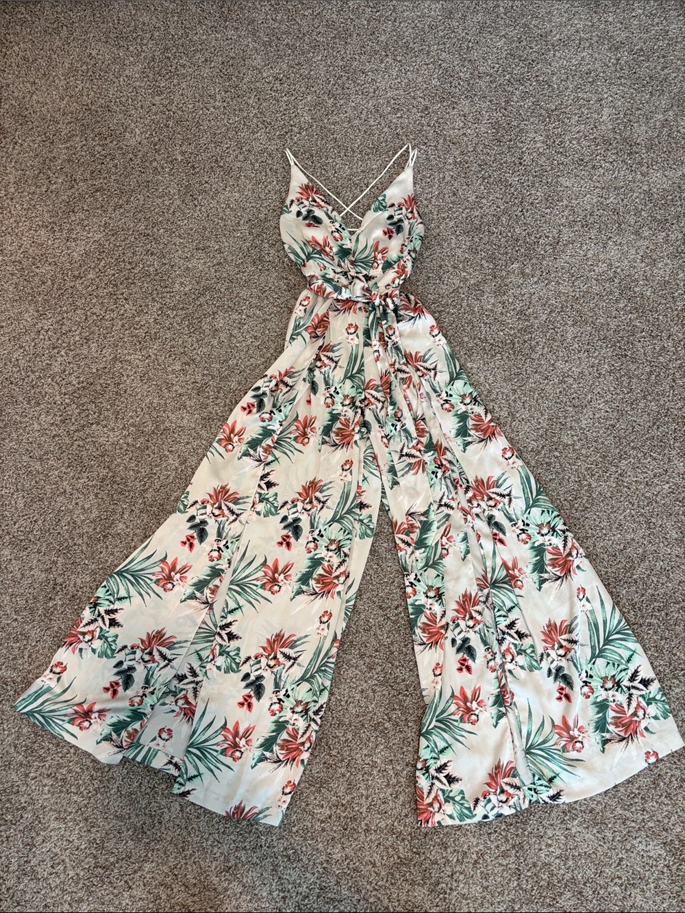 Promesa Cream Floral Wide-Leg Jumpsuit with Green Leaves